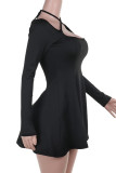 Black Sexy Solid Color Hollow Out Patchwork Backless Spaghetti Strap Sling Dresses