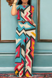 Colour Casual Print Pocket Patchwork O Neck Short Sleeve Two Pieces
