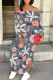 Grey Sexy Street Floral Print Lace Up Slit Contrast Off Shoulder Printed Dresses