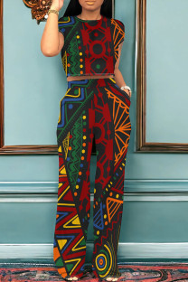 Red Green Casual Print Pocket Patchwork O Neck Short Sleeve Two Pieces