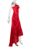 Red Sexy Solid Color Patchwork Backless High Slit Ruffled Trim Spaghetti Strap Sling Dresses