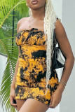 Yellow Black Sexy Print Patchwork Backless Strapless Wrapped Skirt Dresses