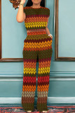 Colour Casual Print Pocket Patchwork O Neck Short Sleeve Two Pieces