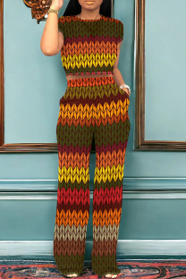Multicolor Casual Print Pocket Patchwork O Neck Short Sleeve Two Pieces