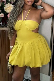 Yellow Sexy Solid Color Hollow Out Backless Belted Halter A Line Dresses