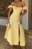 Yellow Elegant Solid Color Patchwork Backless High Slit Off Shoulder Long Dresses