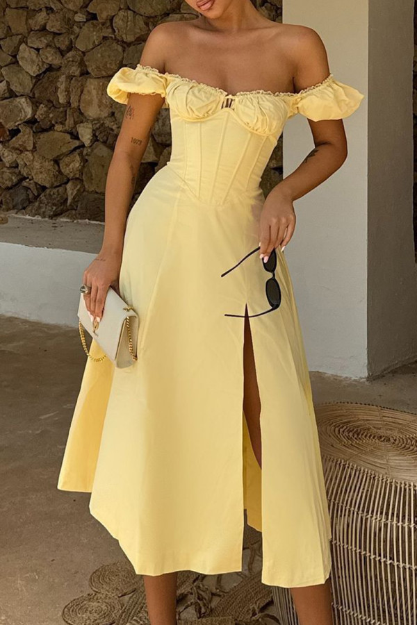 Yellow Elegant Solid Color Patchwork Backless High Slit Off Shoulder Long Dresses