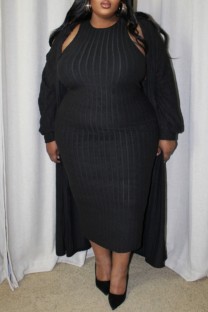 Black Casual Solid Color Basic O Neck Long Plus Size Two Pieces