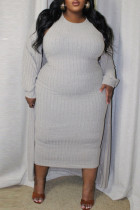 Grey Casual Solid Color Basic O Neck Long Plus Size Two Pieces