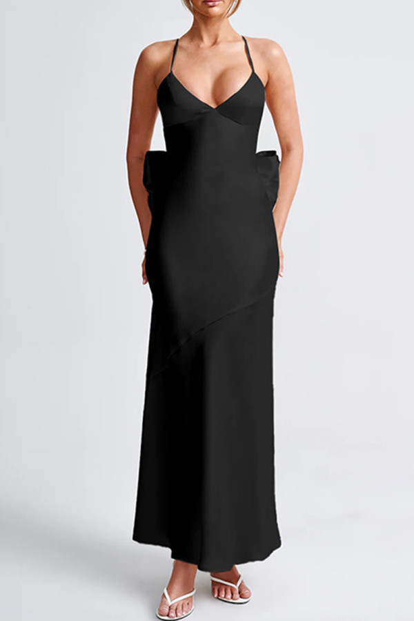 Black Sexy Solid Color Patchwork Backless Bow Decor Spaghetti Strap Sling Dresses