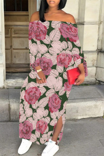 Green Sexy Street Floral Print Lace Up Slit Contrast Off Shoulder Printed Dresses