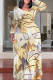 Shallow Yellow Casual Floral Print Graffiti Print Stripe Contrast O Neck Printed Plus Size Dresses