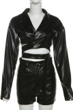 Black Sexy Solid Color Hollow Out Pocket Buttons Patchwork Zipper V Neck Long Sleeve Two Pieces