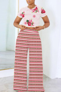 Rose Pink Casual Striped Print Floral Print Basic O Neck Short Sleeve Two Pieces