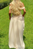 Light Yellow Elegant Lace Patchwork Backless Ruched Off Shoulder Irregular Dresses