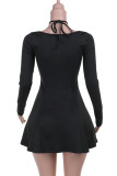 Black Sexy Solid Color Hollow Out Patchwork Backless Spaghetti Strap Sling Dresses