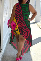 Red Green Casual Print Patchwork O Neck Irregular Plus Size Dresses