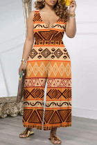Orange Casual Street Geometric Print Splashed ink printing Pocket Contrast V Neck Loose Jumpsuits