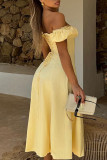 Yellow Elegant Solid Color Patchwork Backless High Slit Off Shoulder Long Dresses