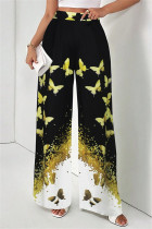 Black Gold Casual Print Pocket Regular High Waist Wide Leg Full Print Trousers