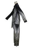Black White Casual Print Buttons Turndown Collar Long Sleeve Two Pieces