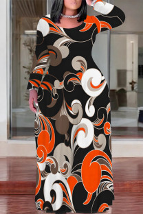 Black Casual Floral Print Graffiti Print Stripe Contrast O Neck Printed Plus Size Dresses