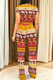 Colour Casual Print Pocket Patchwork O Neck Short Sleeve Two Pieces