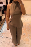 Camel Casual Solid Color Patchwork Mandarin Collar Sleeveless Two Pieces