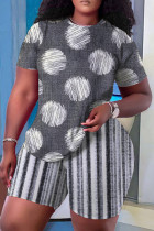 Grey Casual Floral Print Basic O Neck Short Sleeve Two Pieces
