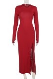 Red Elegant Solid Color Patchwork High Slit O Neck Wrapped Skirt Dresses