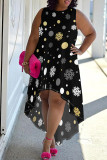 Dark Brown Casual Print Patchwork O Neck Irregular Plus Size Dresses
