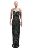 Brown Sexy Hot Drilling Patchwork Backless Slit Spaghetti Strap Long Dresses