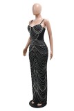 Brown Sexy Hot Drilling Patchwork Backless Slit Spaghetti Strap Long Dresses