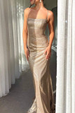 Champagne Sexy Solid Color Patchwork Backless Cross Straps Spaghetti Strap Sling Dresses