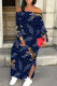 Tibetan Blue Sexy Street Floral Print Lace Up Slit Contrast Off Shoulder Printed Dresses