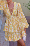 Yellow Elegant Print Hollow Out Patchwork Deep V Neck A Line Dresses