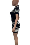 Black Sexy Stripe Buckle Patchwork Turndown Collar Short Sleeve Two Pieces