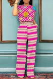 Pink Casual Striped Print Floral Print Basic O Neck Short Sleeve Two Pieces