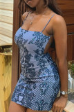 Blue Sexy Ditsy Floral Patchwork Backless Spaghetti Strap Sling Dresses