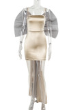 Champagne Sexy Patchwork Backless Bow Decor Spaghetti Strap Sling Dresses