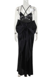 Pink Sexy Solid Color Patchwork Backless Bow Decor Spaghetti Strap Sling Dresses