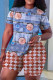 Brick Red Casual Floral Print Basic O Neck Short Sleeve Two Pieces
