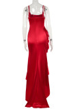 Red Sexy Solid Color Patchwork Backless High Slit Ruffled Trim Spaghetti Strap Sling Dresses