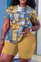 Yellow Casual Floral Print Basic O Neck Short Sleeve Two Pieces