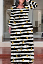 Black And White Casual Floral Print Graffiti Print Stripe Contrast O Neck Printed Plus Size Dresses
