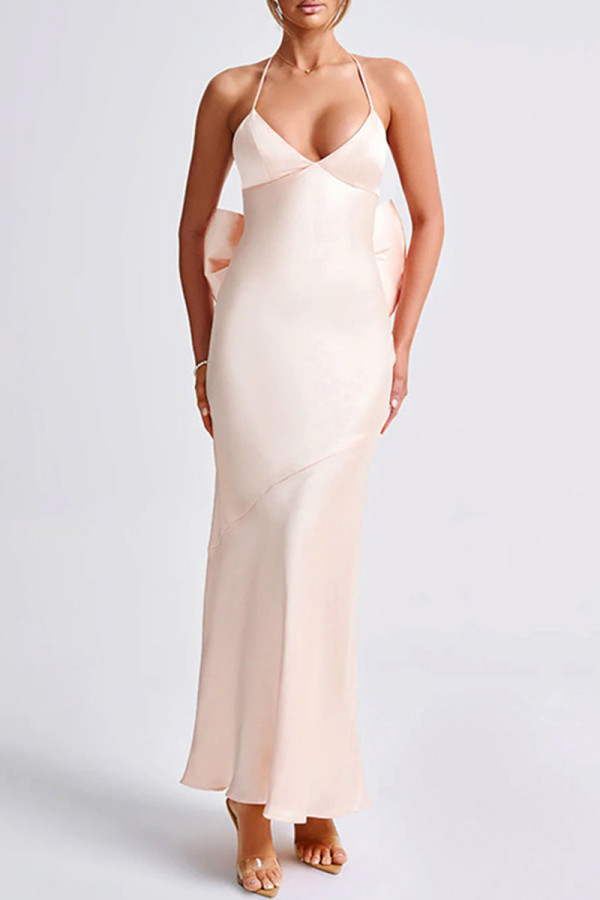 Pink Sexy Solid Color Patchwork Backless Bow Decor Spaghetti Strap Sling Dresses
