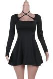 Black Sexy Solid Color Hollow Out Patchwork Backless Spaghetti Strap Sling Dresses