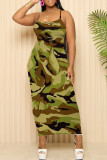 Green Casual Print Patchwork Backless Spaghetti Strap Sling Dresses