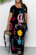 Black Casual Street Graffiti Print Letters Pocket Contrast V Neck Printed Dresses