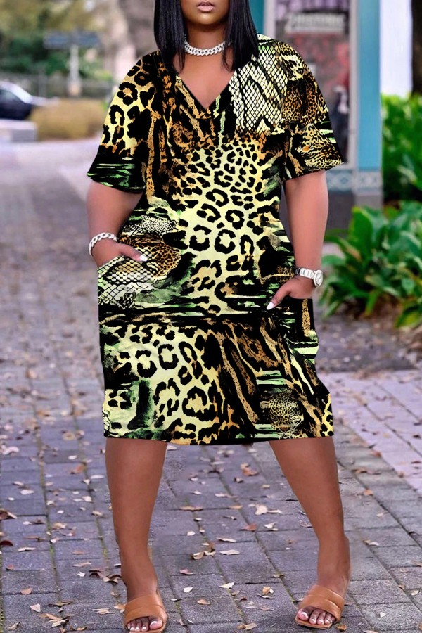 Leopard Print Casual Print Pocket V Neck Short Sleeve Plus Size Dresses